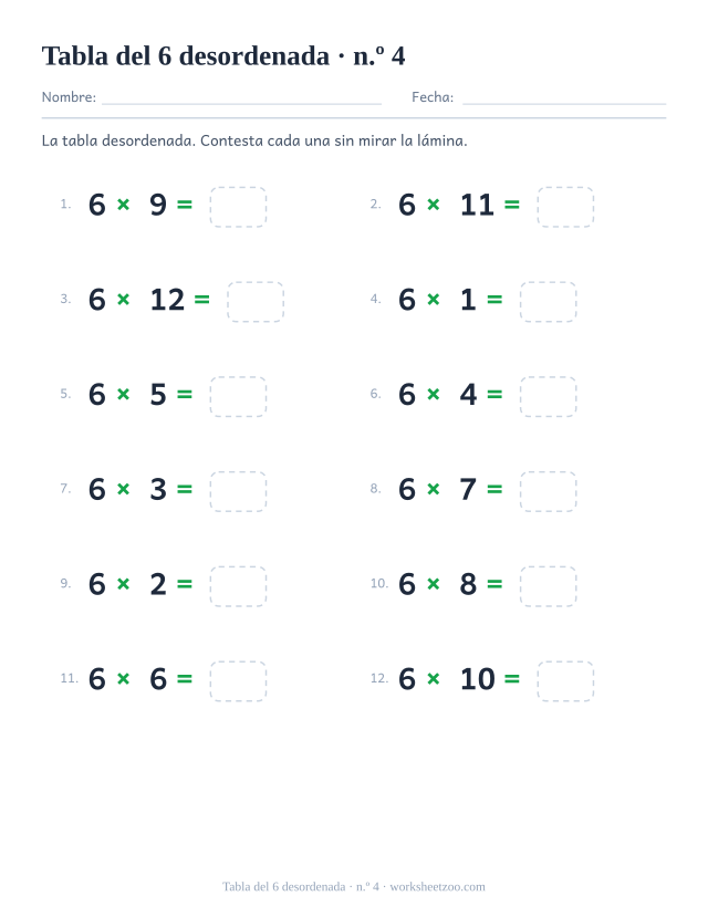 Doce multiplicaciones del 6 desordenadas en dos columnas de seis, numeradas y con casilla vacía (juego 4).
