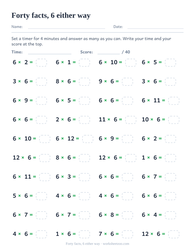 Forty timed equations with 6 as the first factor in some rows and the second in others, in four columns.
