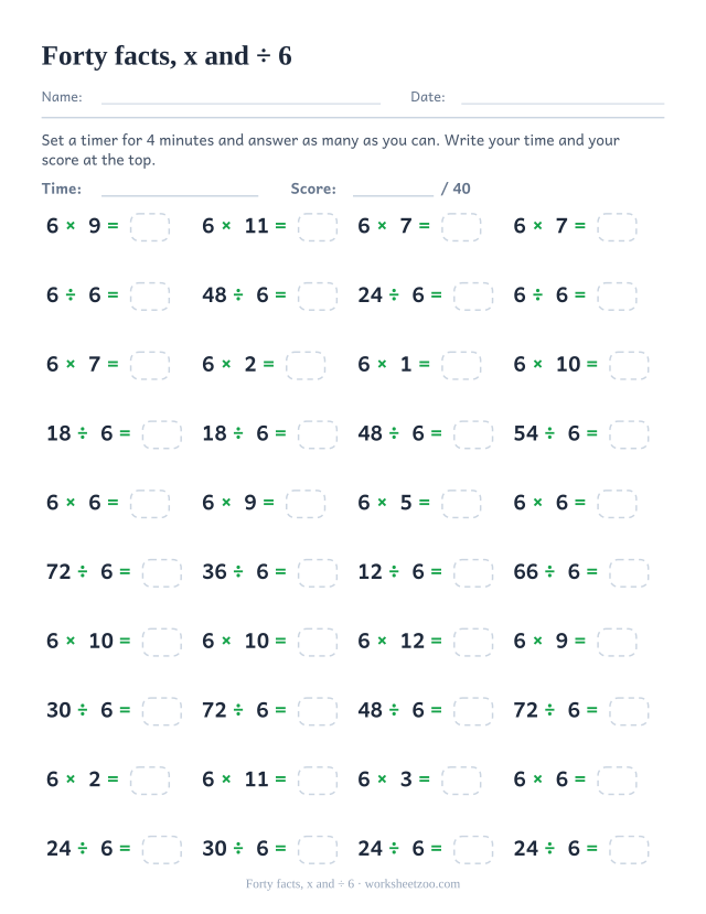 Forty timed items alternating 6 times facts and divisions by 6 down four columns.