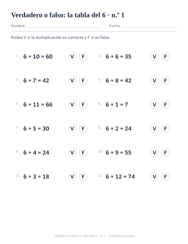 Doce multiplicaciones del 6 ya resueltas, cada una con un círculo V y un círculo F para rodear (juego 1).