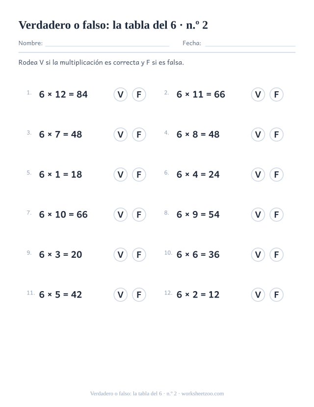 Doce multiplicaciones del 6 ya resueltas, cada una con un círculo V y un círculo F para rodear (juego 2).