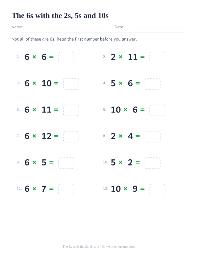Twelve equations alternating between the 6 times table and the 2, 5 and 10 tables, each with an empty answer box.