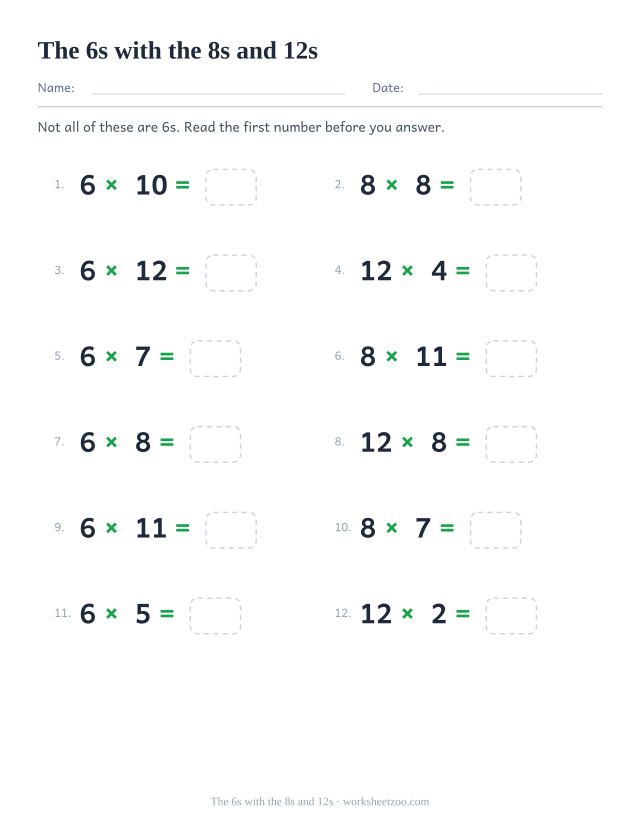 Twelve equations mixing the 6, 8 and 12 times tables, numbered, each ending in an empty box.