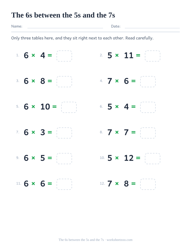 Twelve equations using only the 5, 6 and 7 times tables, in two columns of six with empty answer boxes.