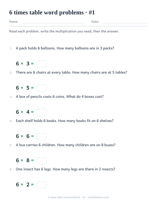 Six numbered word problems about equal groups of 6, each followed by a printed multiplication with an empty answer box.