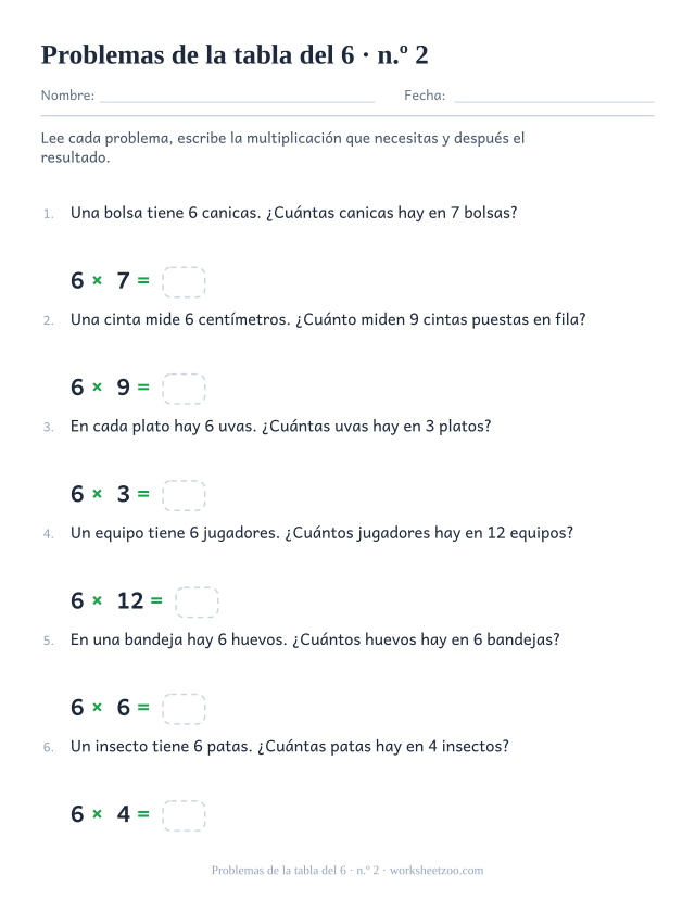 Seis problemas numerados con grupos grandes de 6, cada uno con una multiplicación y una casilla vacía debajo.
