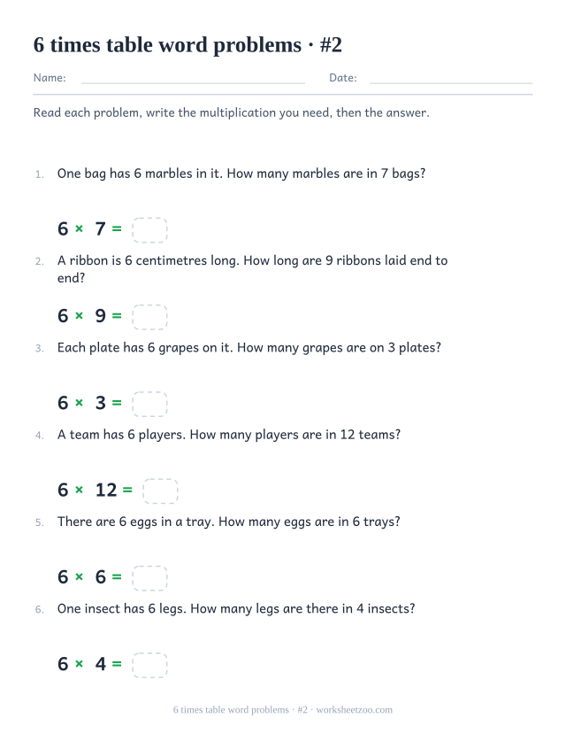 Six numbered word problems with larger groups of 6, each with a multiplication and an empty answer box underneath.