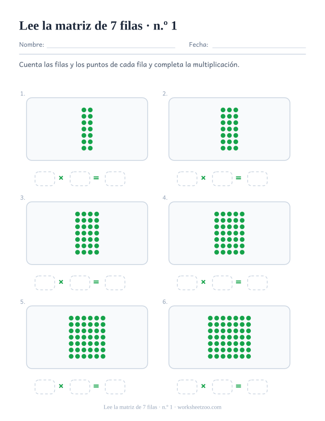 Seis rectángulos de puntos verdes de 7 filas cada uno, sobre tres casillas vacías que forman una multiplicación (juego 1).