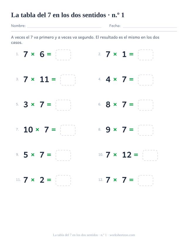 Doce operaciones en las que el 7 unas veces va delante y otras detrás, todas con casilla vacía (juego 1).