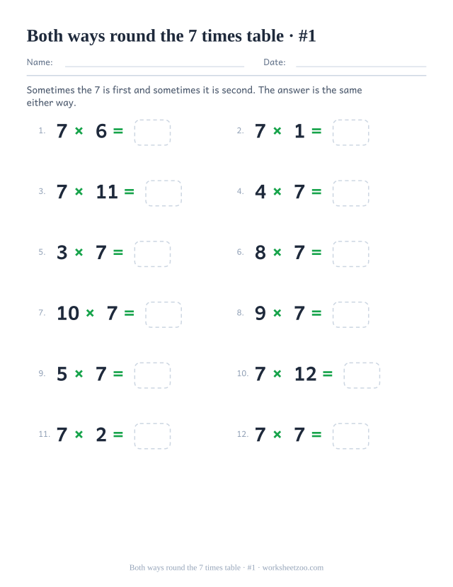 Twelve equations where 7 appears first in some and second in others, each with an empty answer box (set 1).