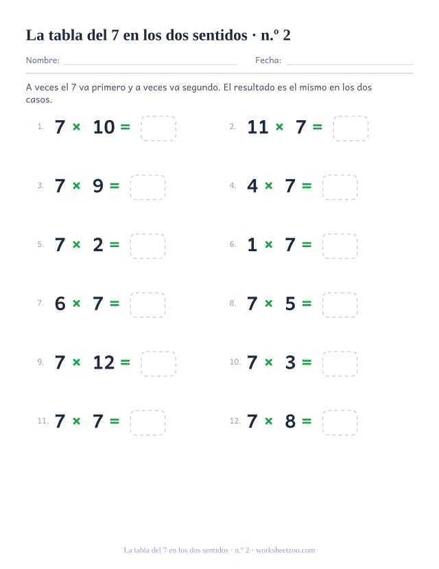 Doce operaciones en las que el 7 unas veces va delante y otras detrás, todas con casilla vacía (juego 2).