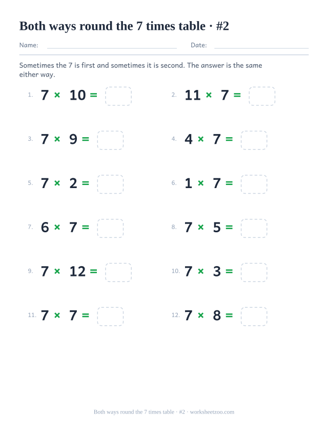 Twelve equations where 7 appears first in some and second in others, each with an empty answer box (set 2).