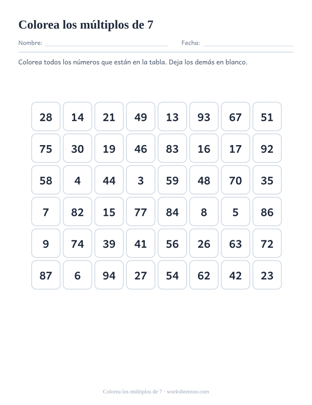 Cuadrícula de cuarenta y ocho números en ocho columnas, de los que doce son múltiplos de 7 y hay que colorear.