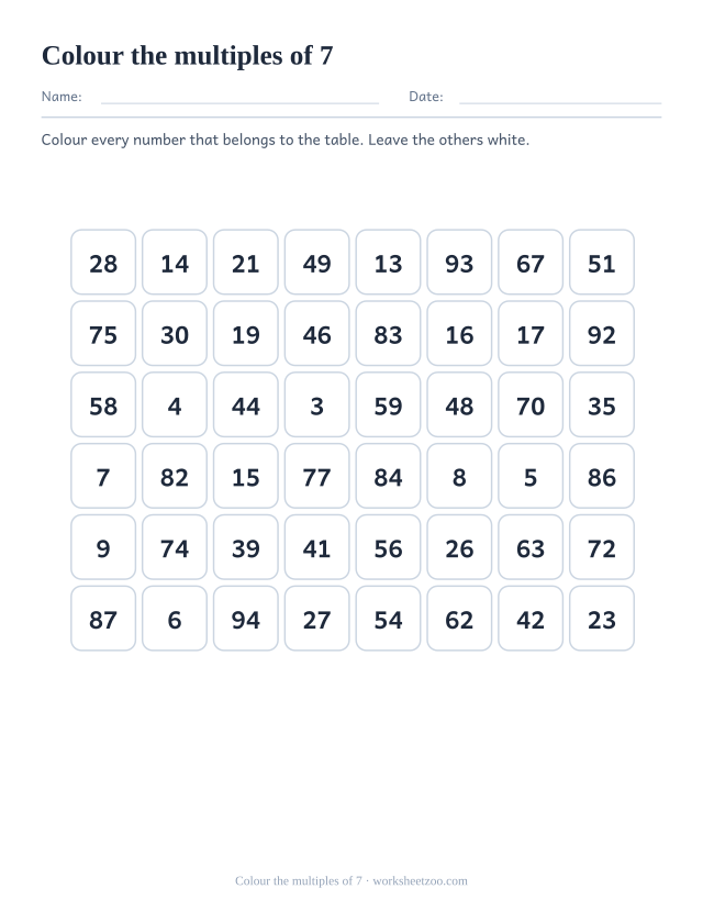 Grid of forty-eight numbers in eight columns, twelve of which are multiples of 7 to be coloured in.