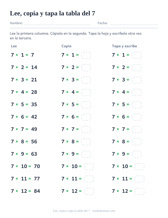 Tres columnas tituladas Lee, Copia y Tapa y escribe, cada una con las doce multiplicaciones del 7.