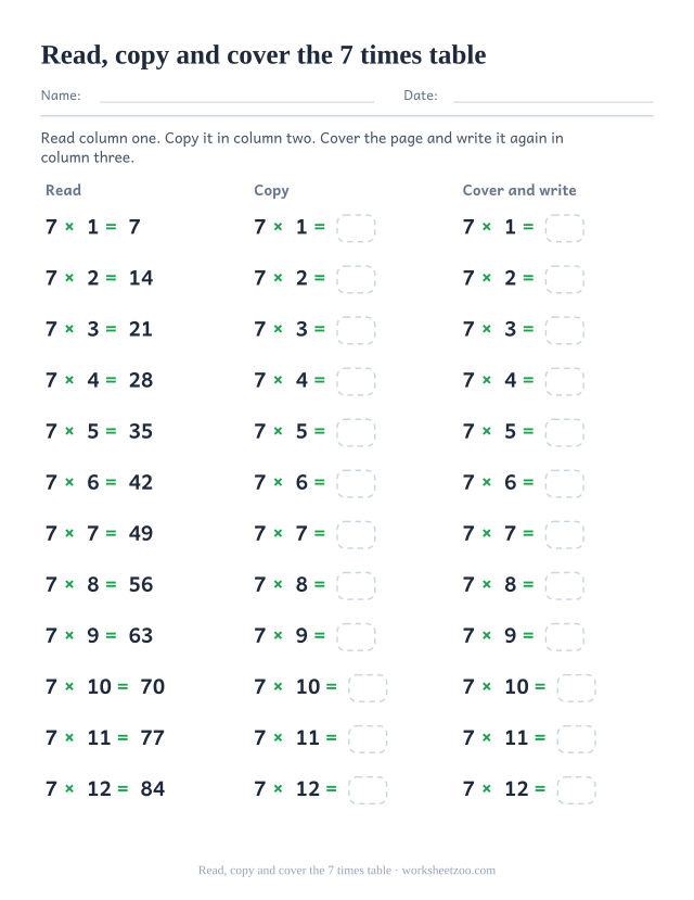 Three labelled columns headed Read, Copy and Cover and write, each with the twelve facts of the 7 times table.
