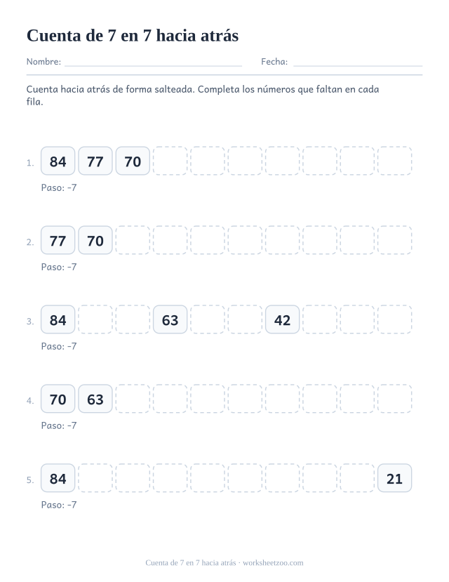 Cinco filas de diez casillas que bajan de 7 en 7 desde lo más alto de la tabla, con casi todas vacías.