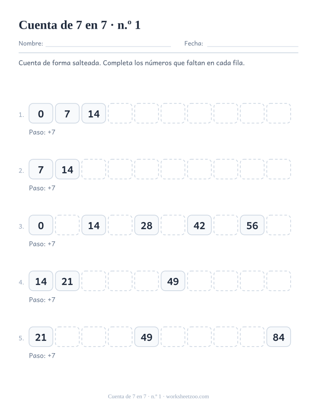Cinco filas de diez casillas que cuentan de 7 en 7, con las primeras casillas rellenas y el resto vacías.