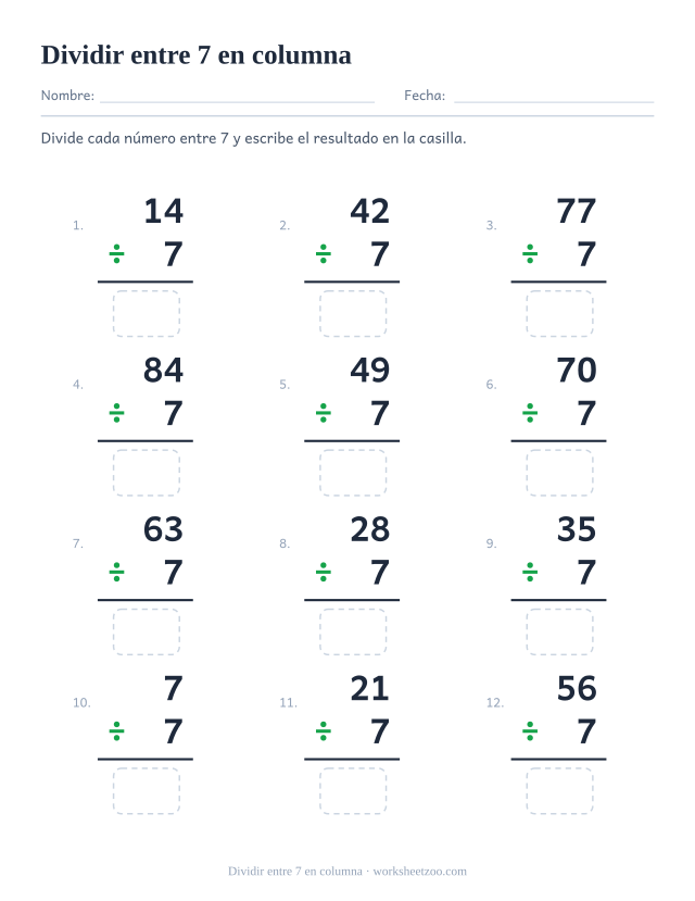 Doce divisiones en vertical en una cuadrícula de tres por cuatro, con un múltiplo de 7 sobre 7 y una casilla bajo la raya.