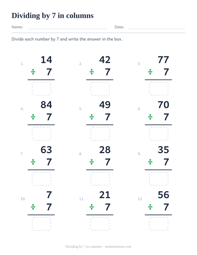 Twelve vertical divisions in a three by four grid, each a multiple of 7 over 7, with an answer box under the rule.