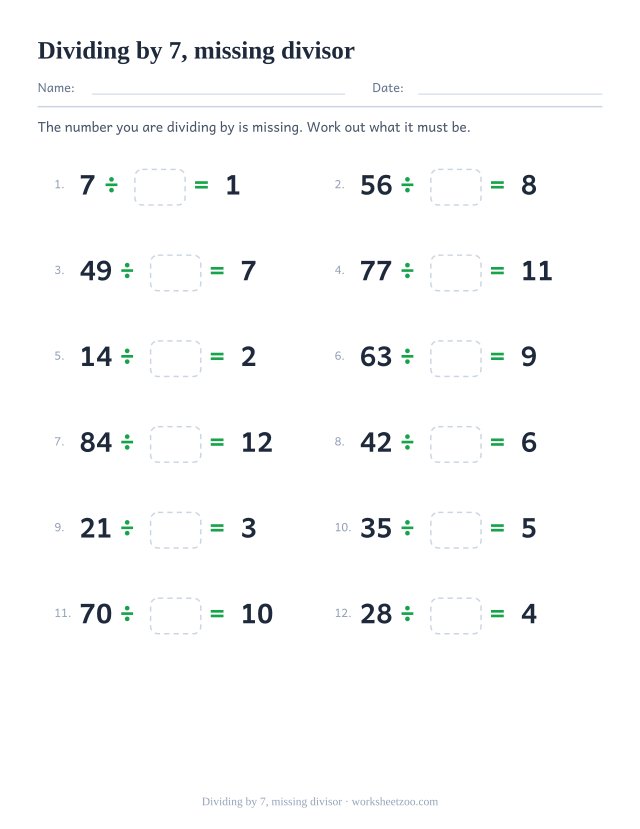 Twelve divisions with an empty box where the divisor should be, between a printed multiple of 7 and a printed answer.