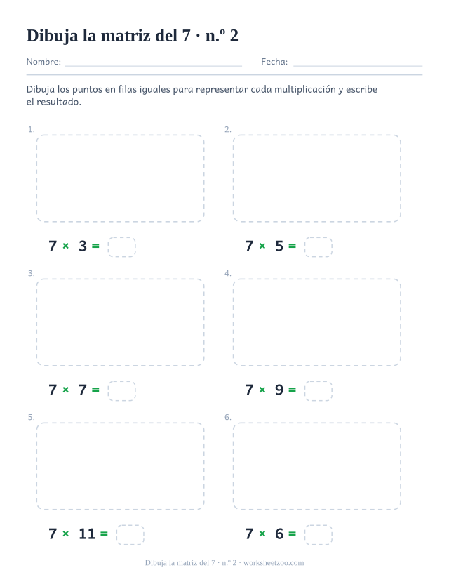 Seis recuadros punteados vacíos, cada uno con una multiplicación del 7 y una casilla, listos para dibujar los puntos (juego 2).