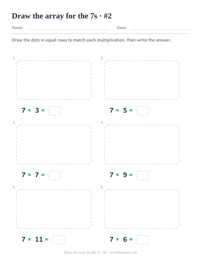 Six empty dashed frames, each labelled with a 7 times fact and an answer box, ready for the dots to be drawn (set 2).