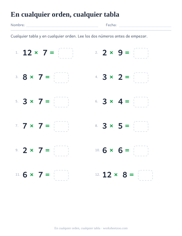 Doce operaciones de tablas mezcladas con los factores en cualquier orden, numeradas en dos columnas y con casilla vacía.