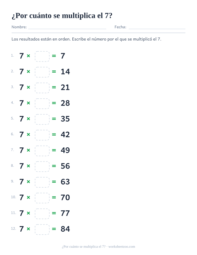 Doce renglones con 7 x casilla = resultado impreso, en orden de 7 hasta 84.