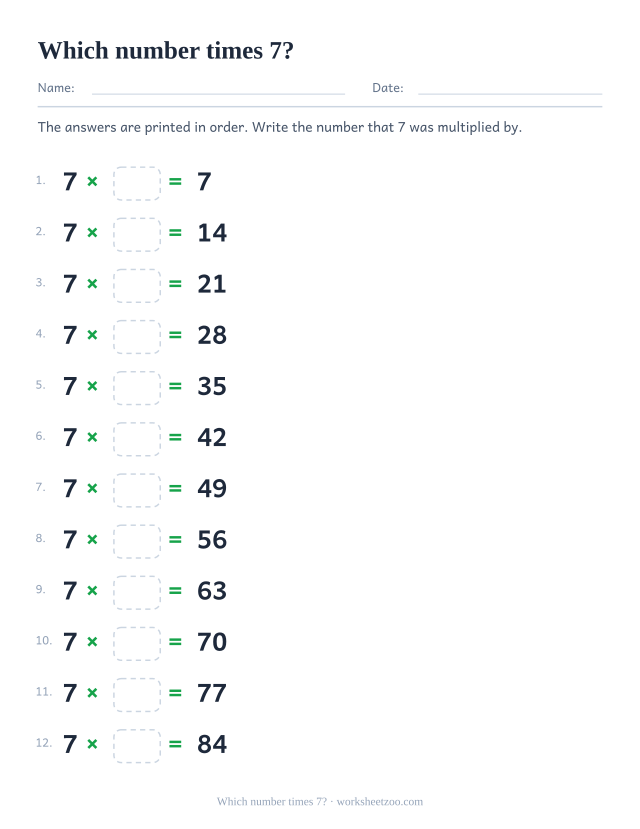Twelve rows reading 7 x box = printed product, in order from 7 to 84.