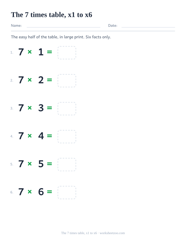 Six large equations from 7 x 1 to 7 x 6, widely spaced down the page, each with an answer box.