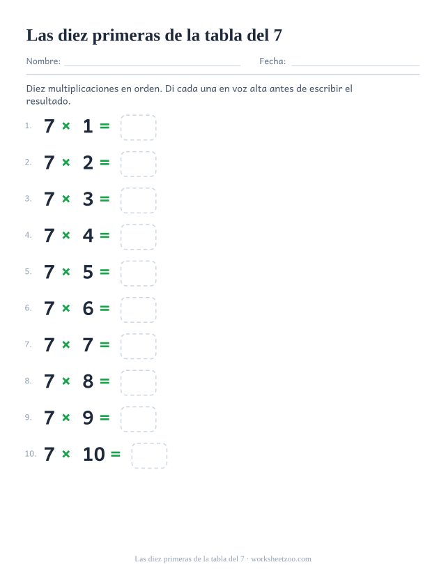 Diez operaciones numeradas de 7 x 1 a 7 x 10 muy separadas, cada una con su casilla.