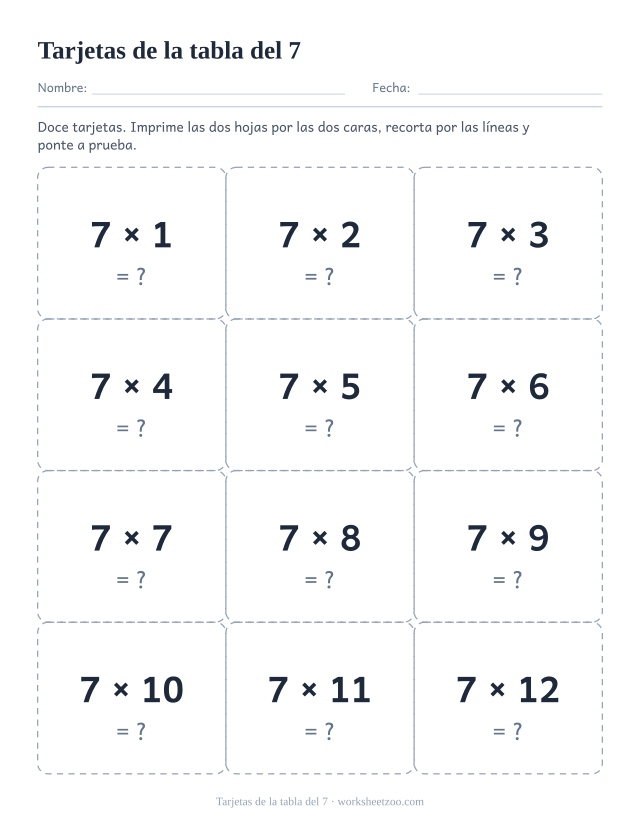 Doce tarjetas punteadas para recortar, tres de ancho y cuatro de alto, cada una con una multiplicación del 7 y un signo de interrogación.