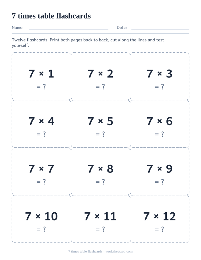 Twelve dashed cut-out cards, three across and four down, each showing one fact of the 7 times table with a question mark.