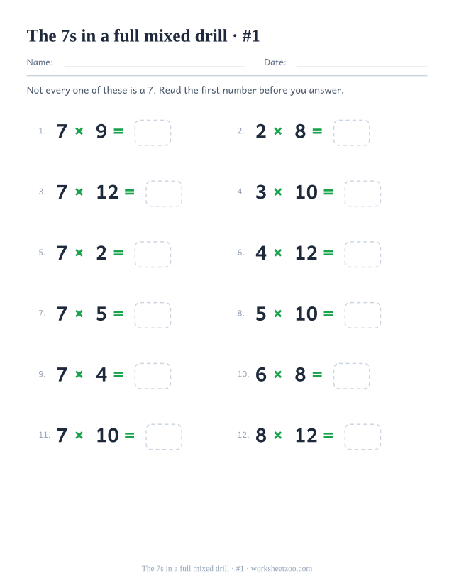 Twelve equations drawn from every table between 2 and 12, half of them 7 times something, all with empty boxes.