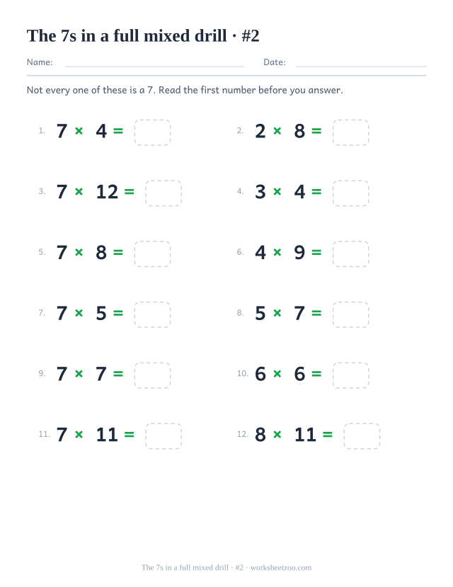 A second page of twelve mixed-table equations including the 7 times table, numbered in two columns.