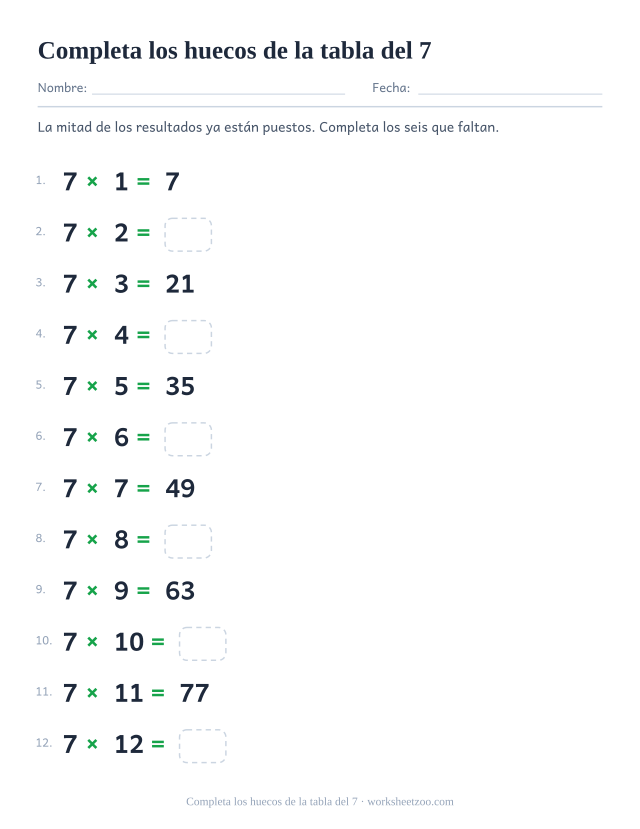 La tabla del 7 en orden con los resultados impares impresos y los pares en casillas vacías.