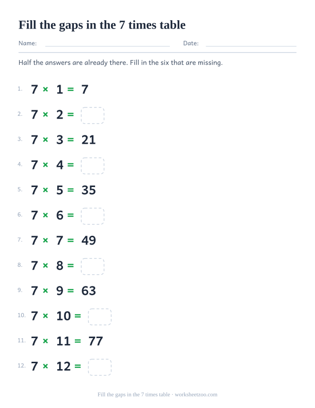 The 7 times table in order with the odd-numbered answers printed and the even ones left as empty boxes.
