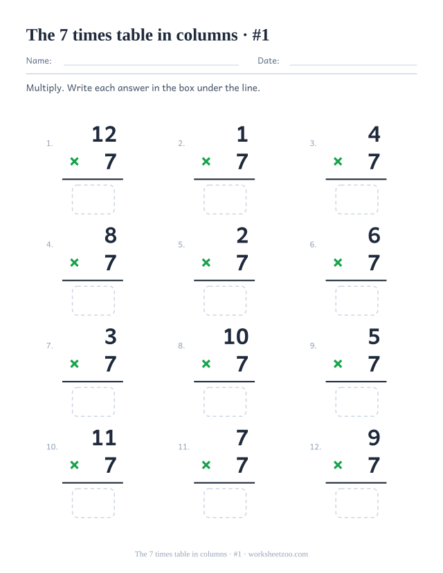 Twelve vertical multiplications with 7 as the lower factor, a rule under each and an empty answer box below (set 1).