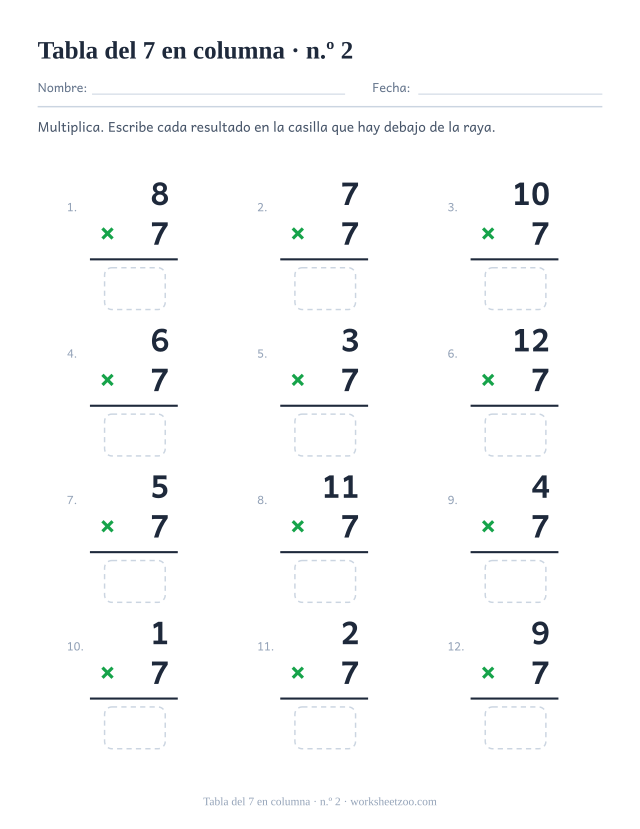 Doce multiplicaciones en vertical con el 7 como factor de abajo, una raya y una casilla vacía debajo (juego 2).