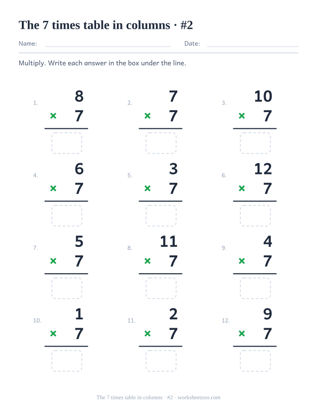 Twelve vertical multiplications with 7 as the lower factor, a rule under each and an empty answer box below (set 2).