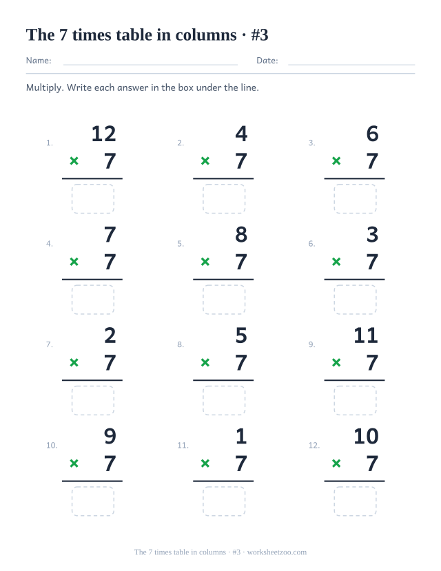 Twelve vertical multiplications with 7 as the lower factor, a rule under each and an empty answer box below (set 3).