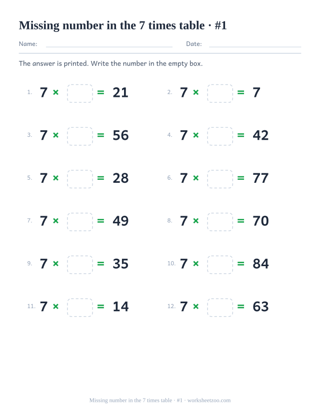 Twelve equations reading 7 x empty box = a printed product, in two columns of six (set 1).