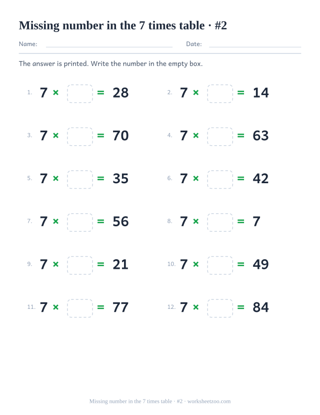 Twelve equations reading 7 x empty box = a printed product, in two columns of six (set 2).