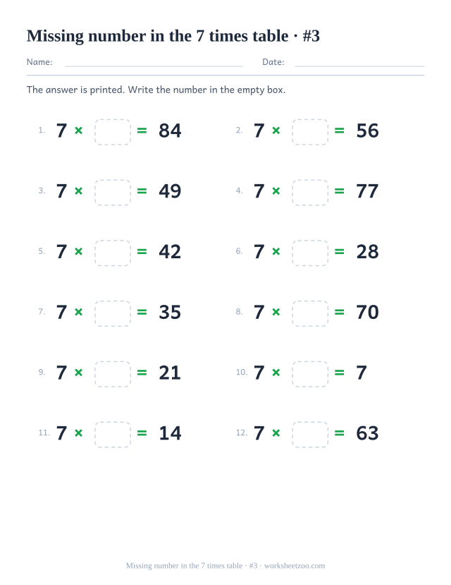 Twelve equations reading 7 x empty box = a printed product, in two columns of six (set 3).