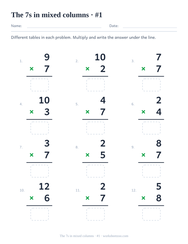 Twelve vertical multiplications from mixed tables, half featuring 7, each with a rule and an empty answer box (set 1).