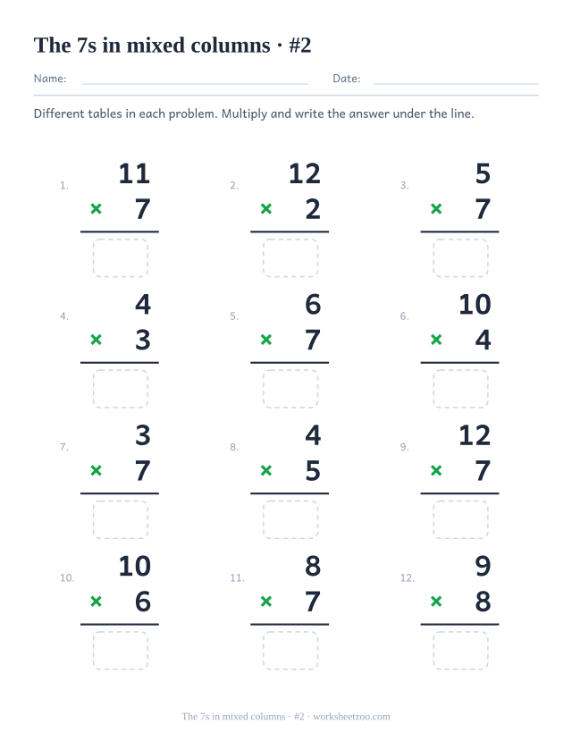 Twelve vertical multiplications from mixed tables, half featuring 7, each with a rule and an empty answer box (set 2).