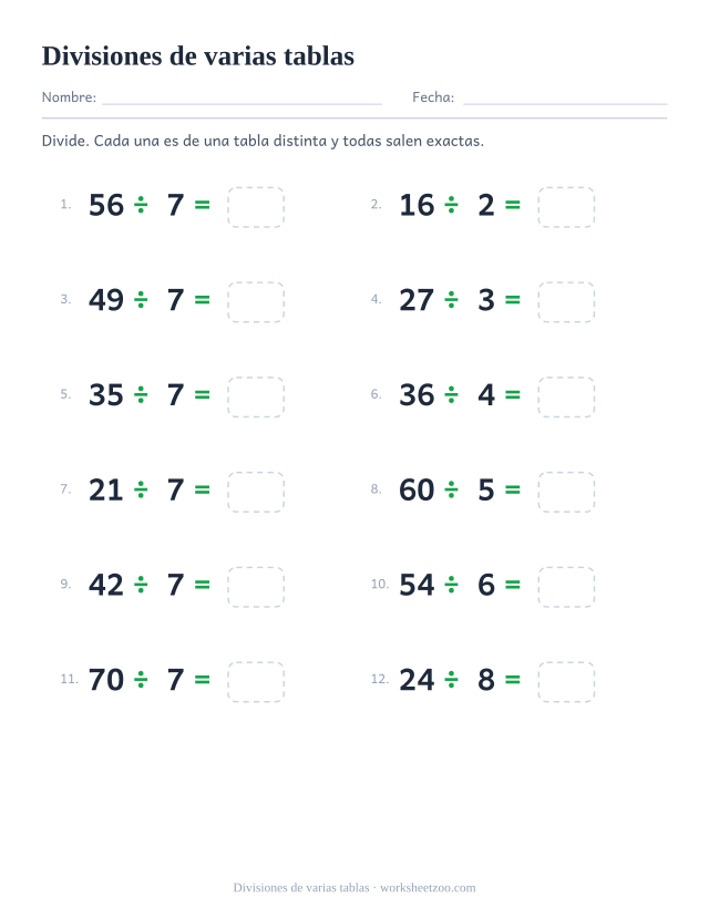Doce divisiones de varias tablas, la mitad entre 7, cada una con una casilla vacía al final.
