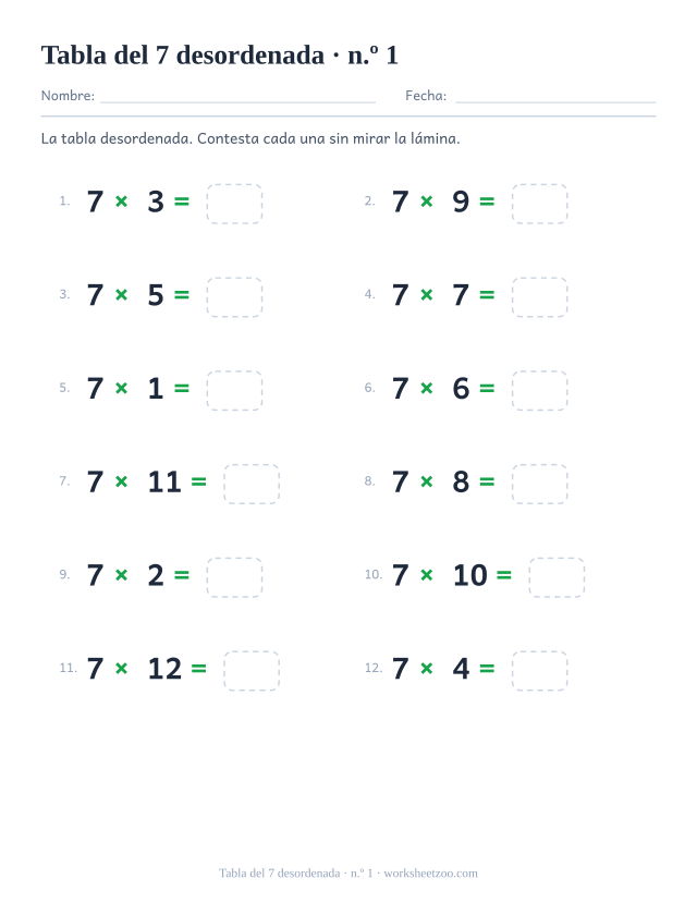 Doce multiplicaciones del 7 desordenadas en dos columnas de seis, numeradas y con casilla vacía (juego 1).