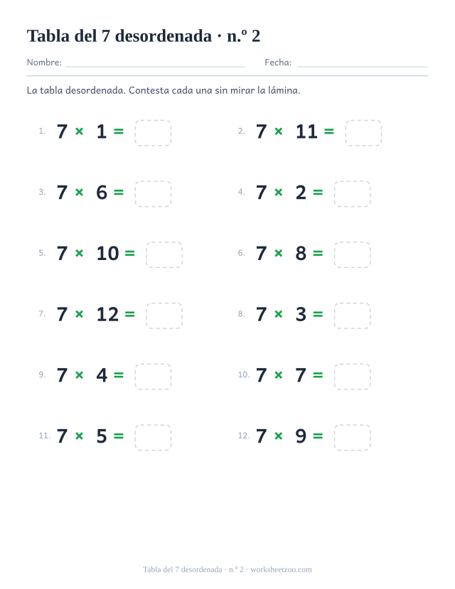 Doce multiplicaciones del 7 desordenadas en dos columnas de seis, numeradas y con casilla vacía (juego 2).